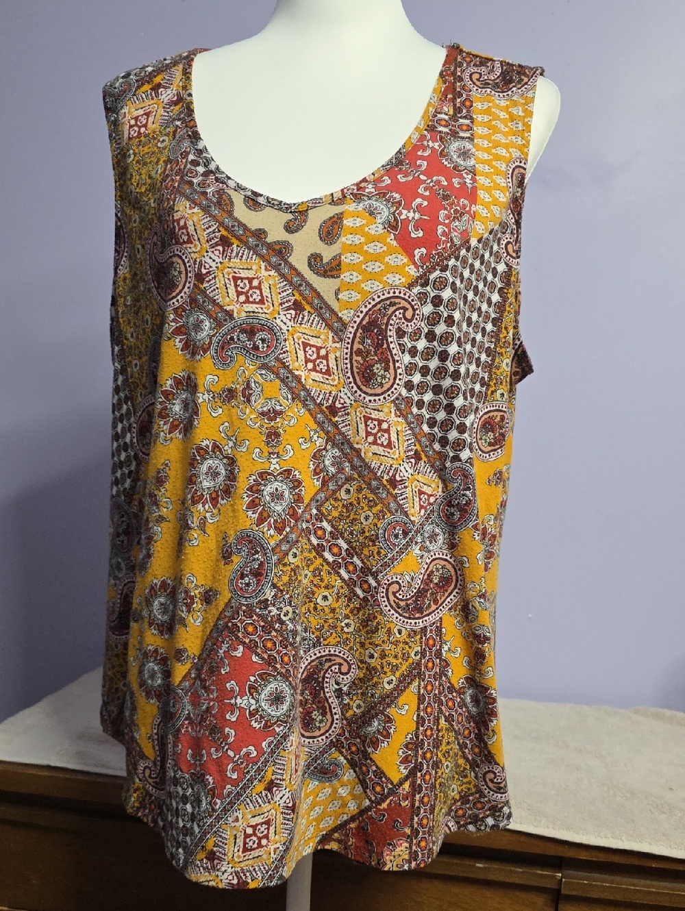 Paisley Patchwork Scoop Neck Tank Top - Mustard & Rust